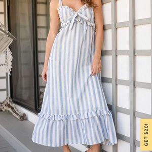 BRAND NEW Lulu’s Pier for You Blue and White Striped Ruffled Midi Dress